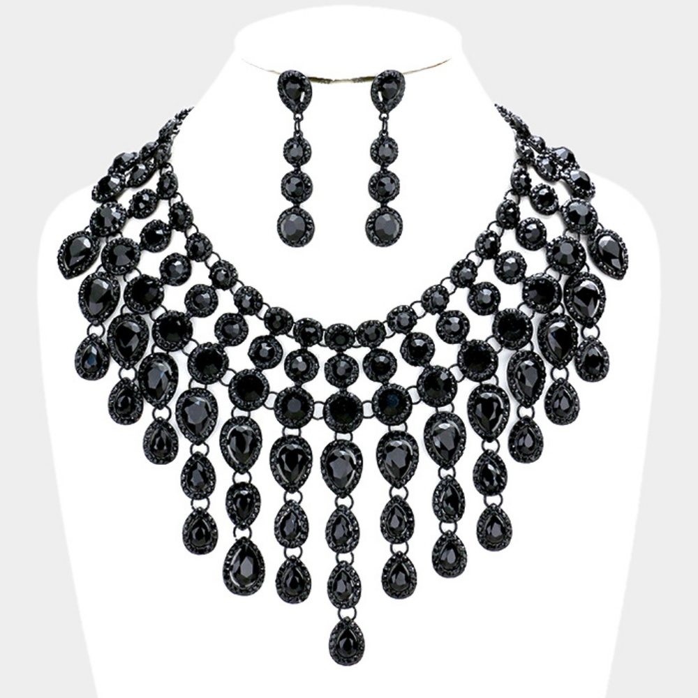 Elegant Black Crystal Choker Necklace Set Waterfall Statement Jewelry